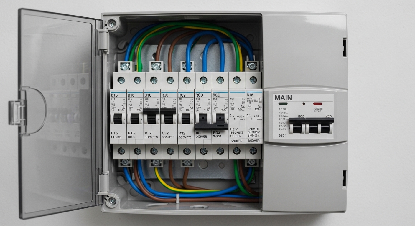 Doncaster electrician in hi-vis testing a newly installed consumer unit with a multimeter